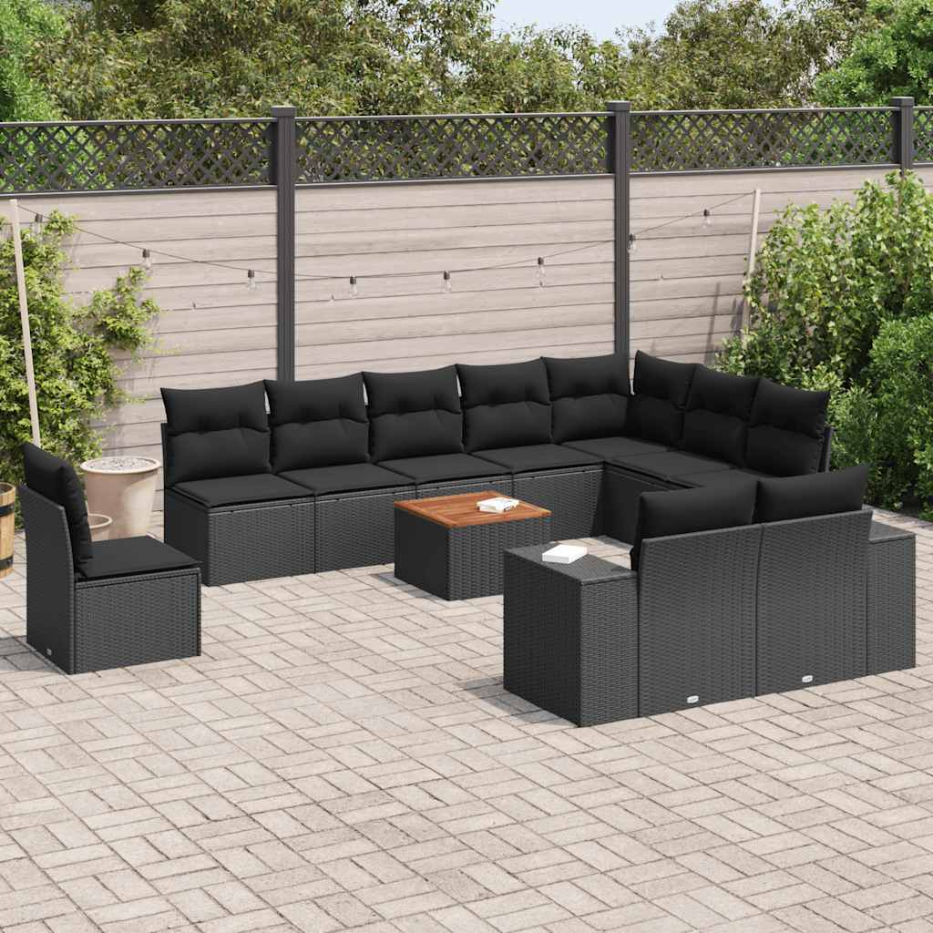 11-delige Loungeset met kussens poly rattan zwart – afbeelding 1