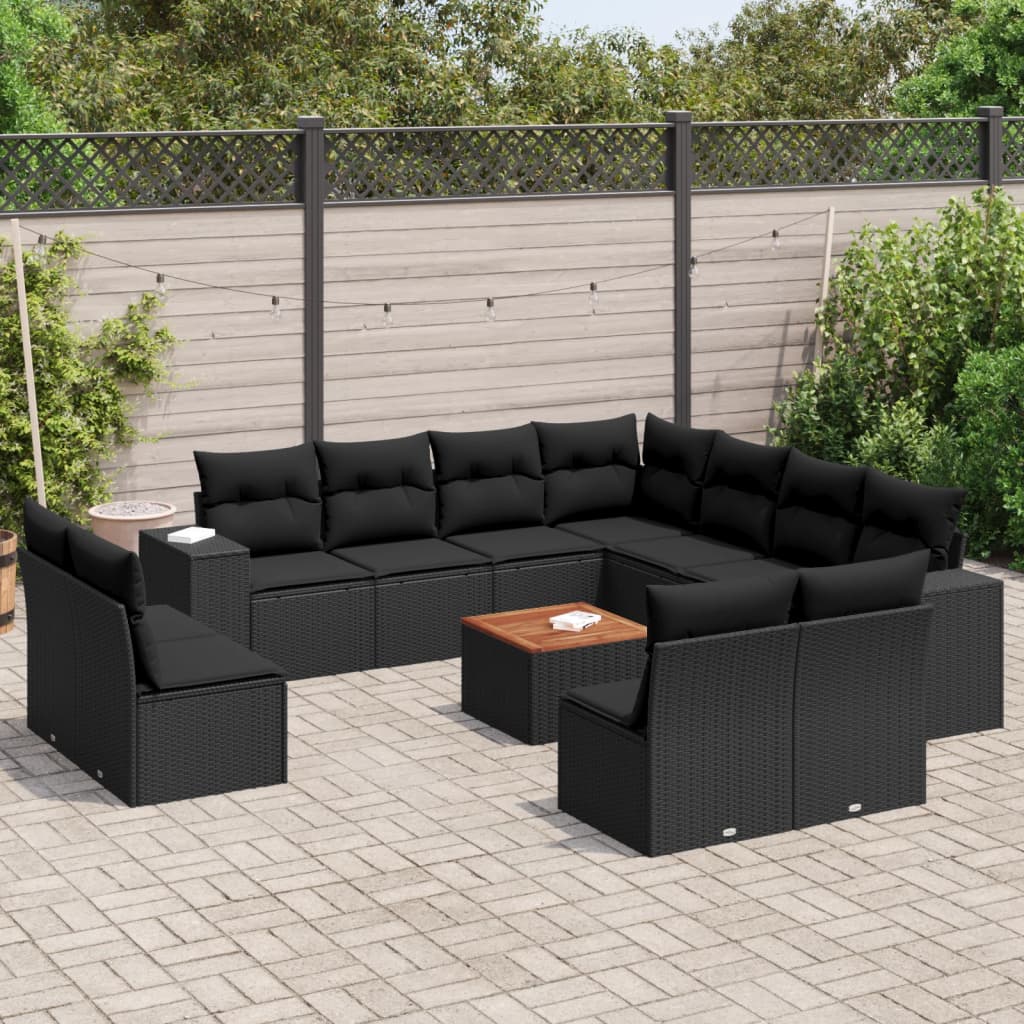 12-delige Loungeset met kussens poly rattan zwart – afbeelding 1