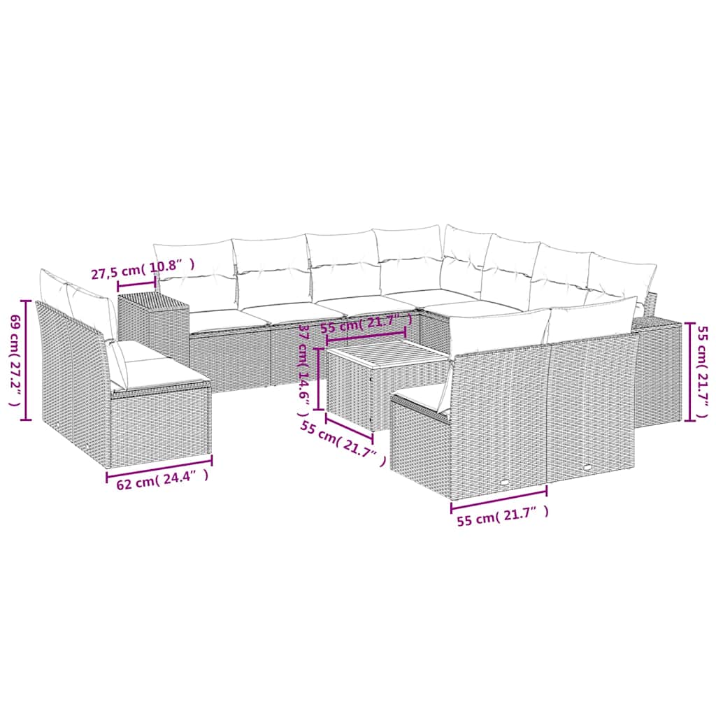 12-delige Loungeset met kussens poly rattan zwart – afbeelding 3