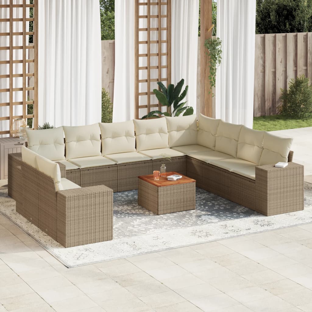 11-delige Tuinset met kussens poly rattan beige – afbeelding 1