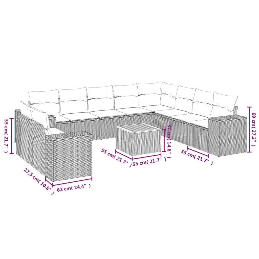 11-delige Tuinset met kussens poly rattan beige – afbeelding 3