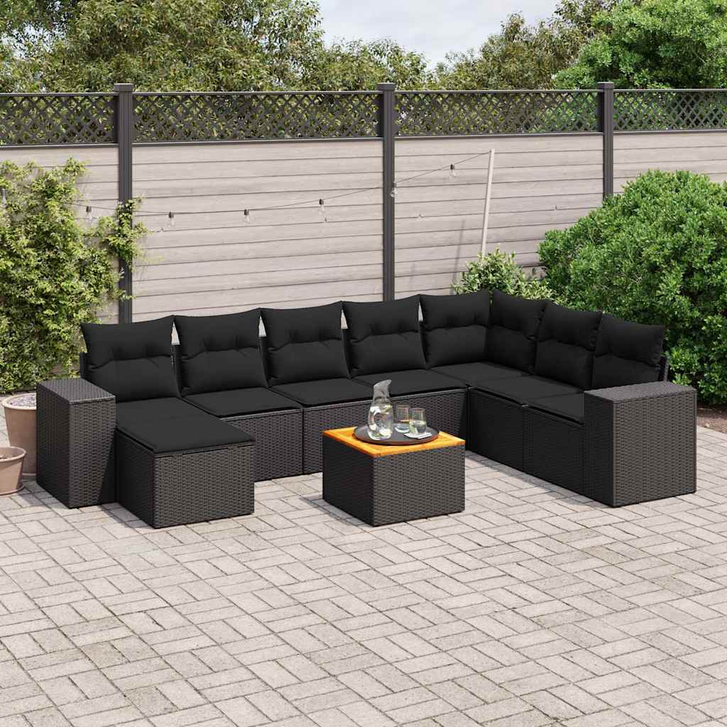 9-delige Loungeset met kussens poly rattan zwart – afbeelding 1