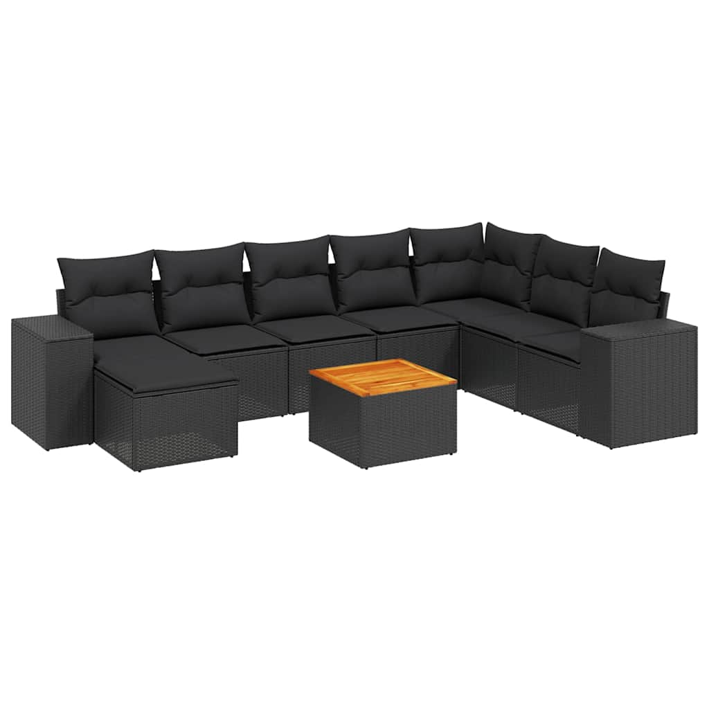 9-delige Loungeset met kussens poly rattan zwart – afbeelding 2