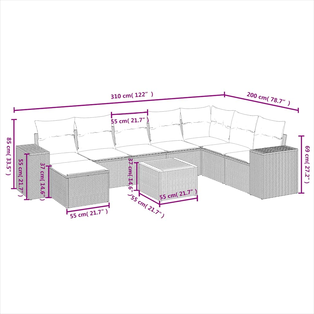 9-delige Loungeset met kussens poly rattan zwart – afbeelding 9