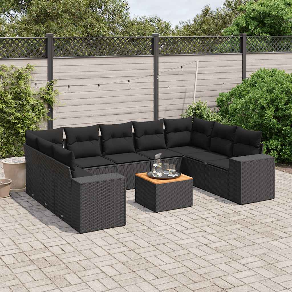 10-delige Loungeset met kussens poly rattan zwart – afbeelding 1