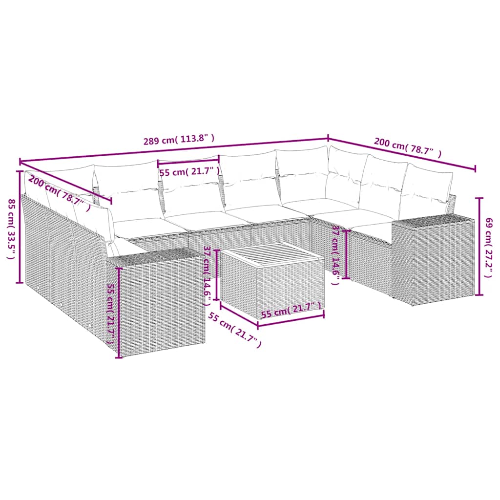 10-delige Loungeset met kussens poly rattan zwart – afbeelding 8