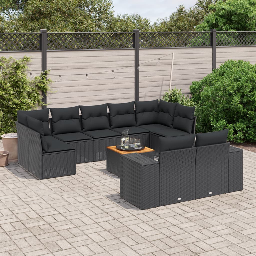 10-delige Loungeset met kussens poly rattan zwart – afbeelding 1