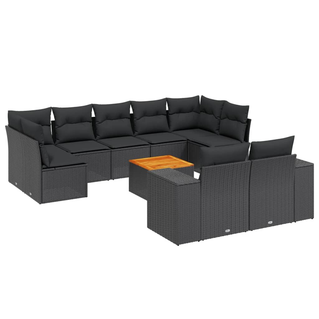 10-delige Loungeset met kussens poly rattan zwart – afbeelding 2