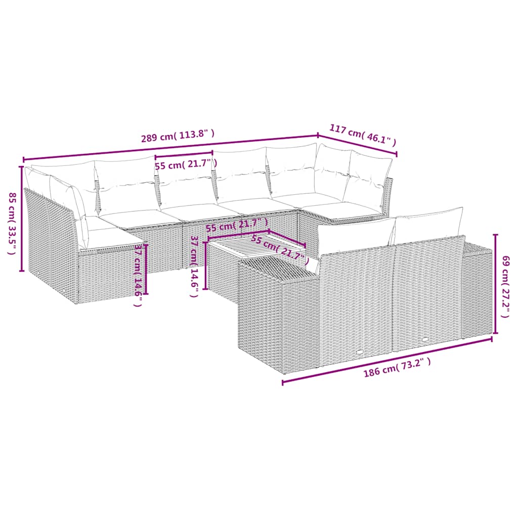 10-delige Loungeset met kussens poly rattan zwart – afbeelding 8