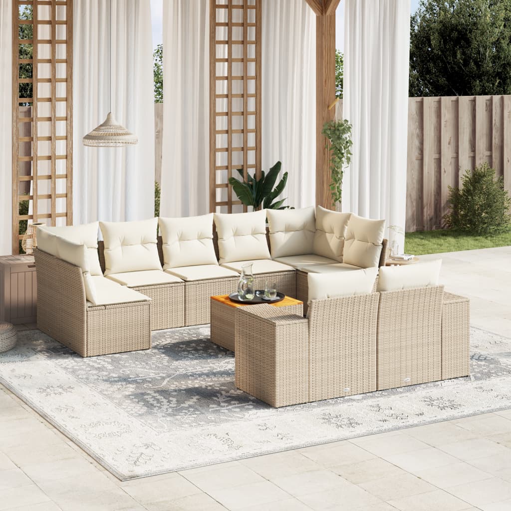10-delige Loungeset met kussens poly rattan beige – afbeelding 1