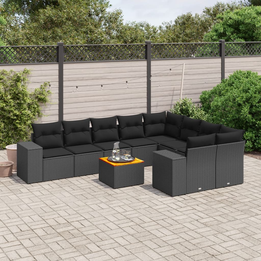 10-delige Loungeset met kussens poly rattan zwart – afbeelding 1