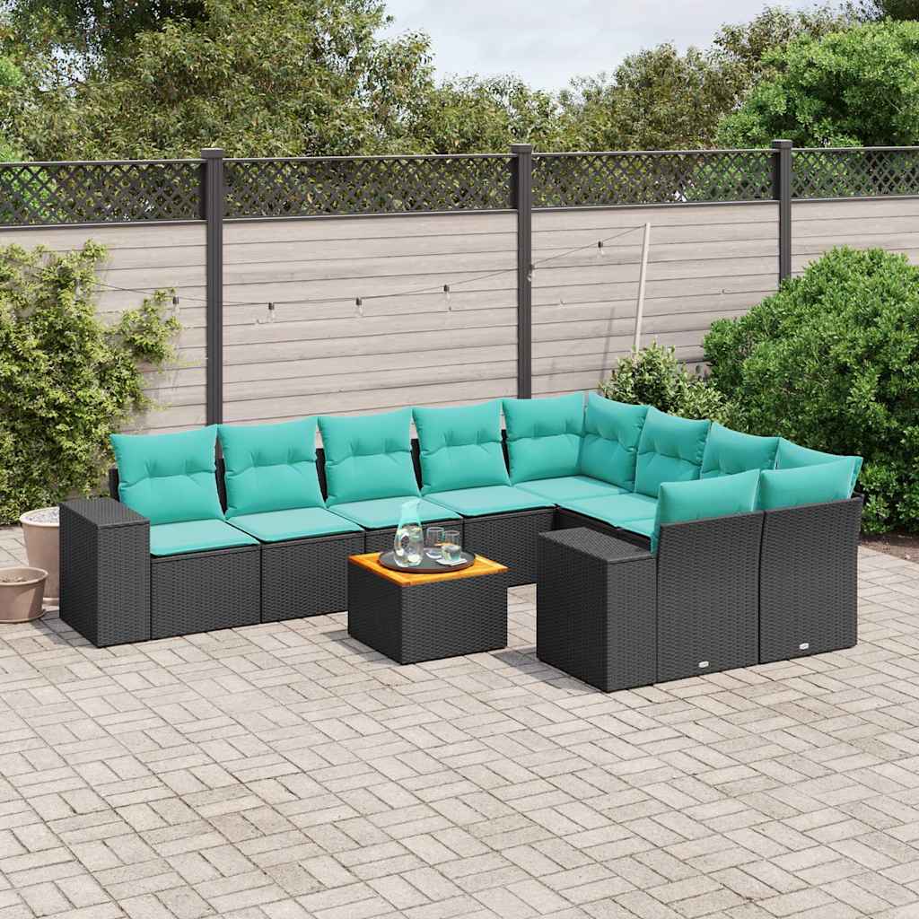 10-delige tuinbankset met kussens van zwart polyrotan – afbeelding 1