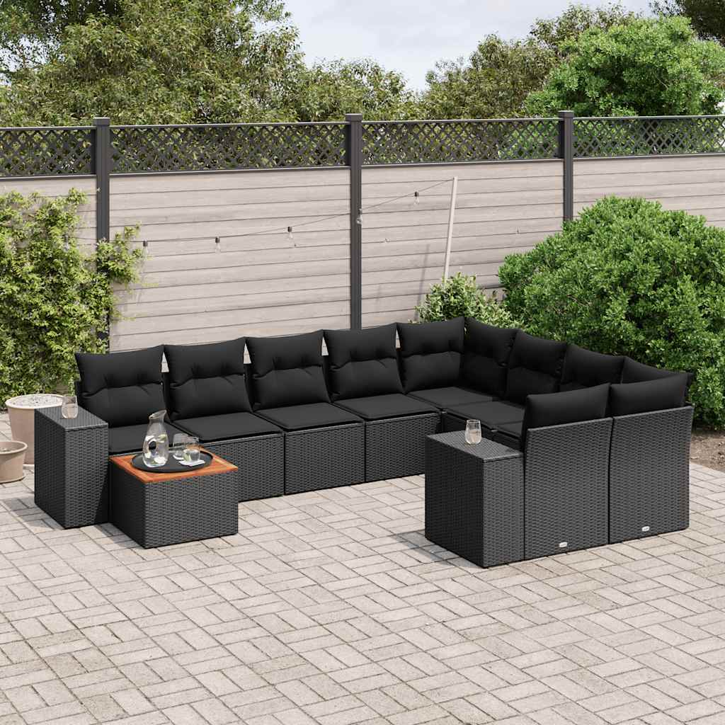 10-delige Loungeset met kussens poly rattan zwart – afbeelding 1