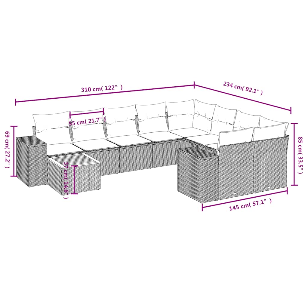 10-delige Loungeset met kussens poly rattan zwart – afbeelding 7