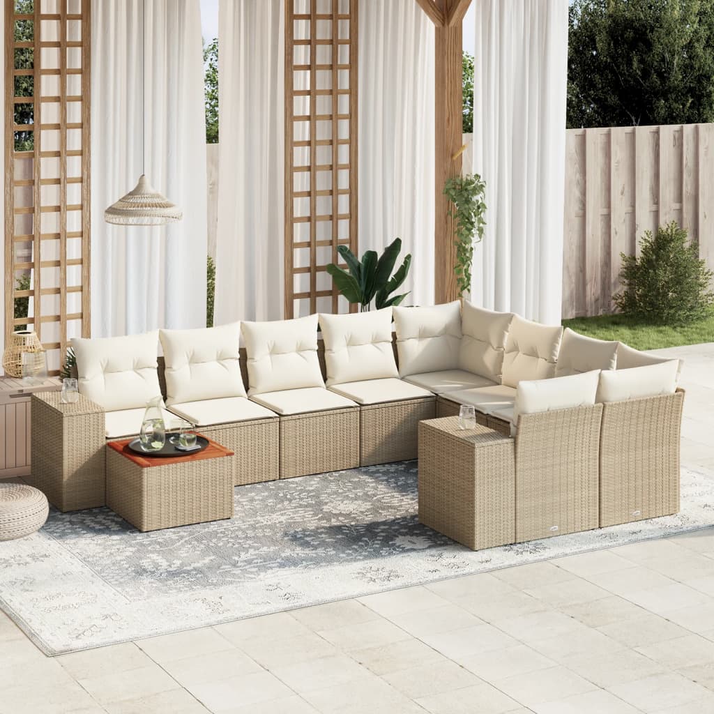 10-delige Loungeset met kussens poly rattan beige – afbeelding 1
