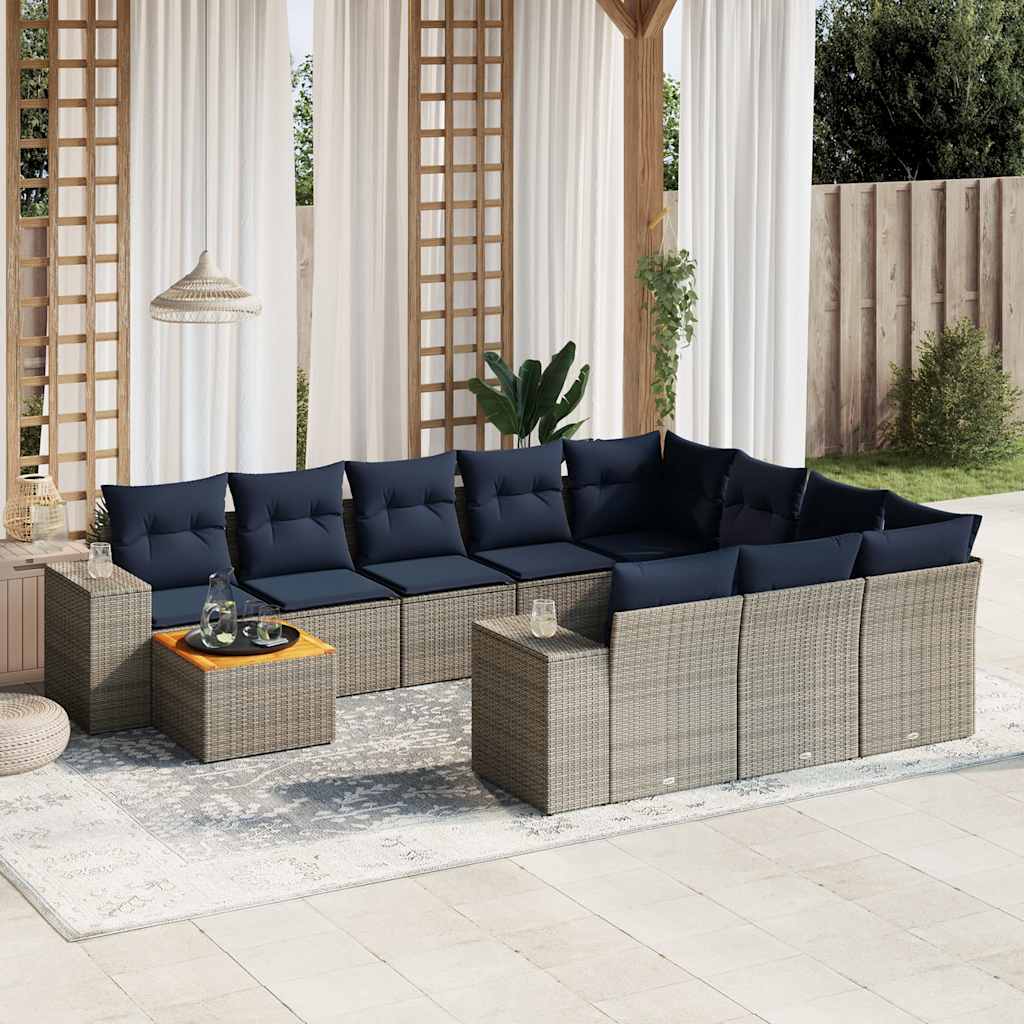 11-delige tuinbankset met kussens, grijs polyrotan – afbeelding 1