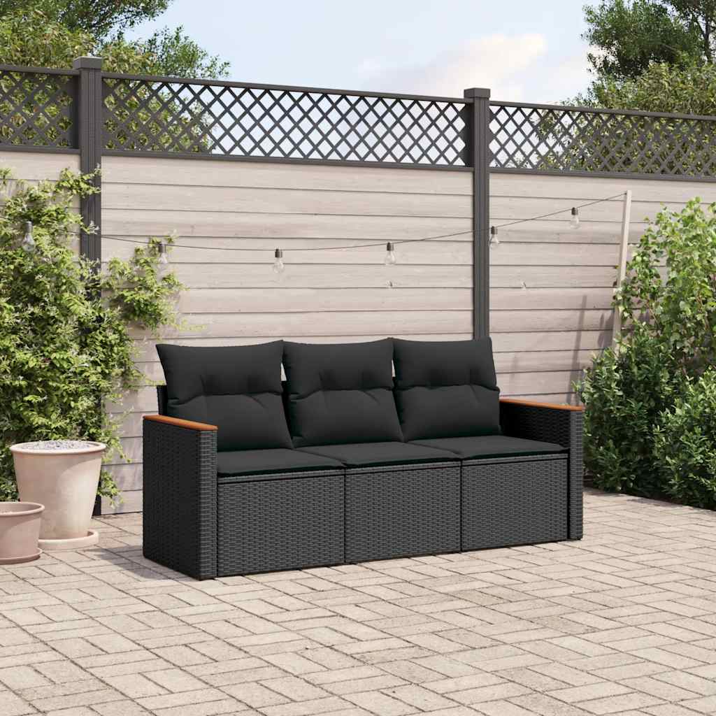 3-delige Loungeset met kussens poly rattan zwart – afbeelding 1