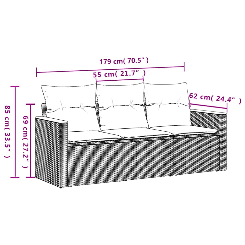 3-delige Loungeset met kussens poly rattan zwart – afbeelding 6