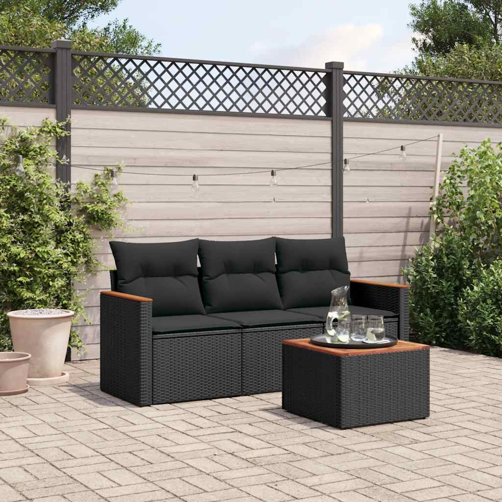 4-delige Loungeset met kussens poly rattan zwart – afbeelding 1