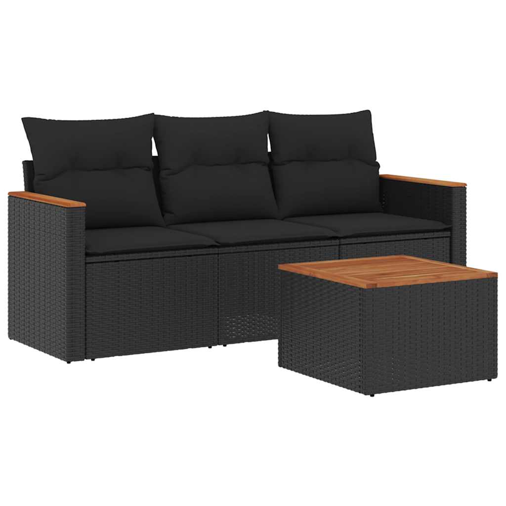 4-delige Loungeset met kussens poly rattan zwart – afbeelding 2