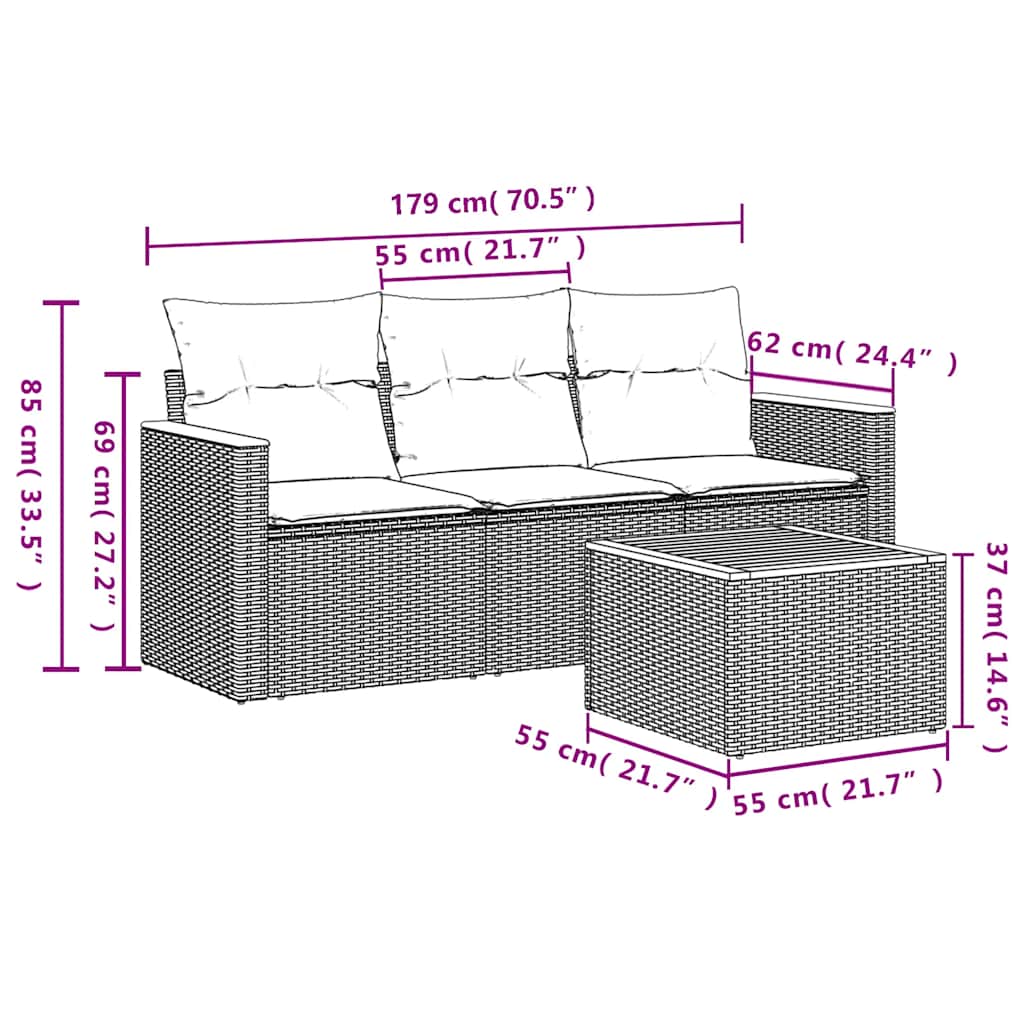 4-delige Loungeset met kussens poly rattan zwart – afbeelding 7