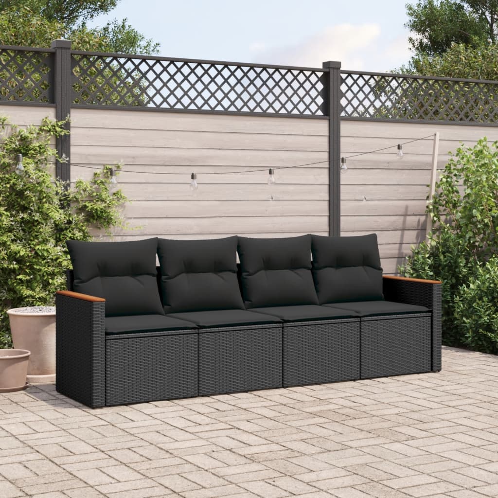 4-delige Loungeset met kussens poly rattan zwart – afbeelding 1