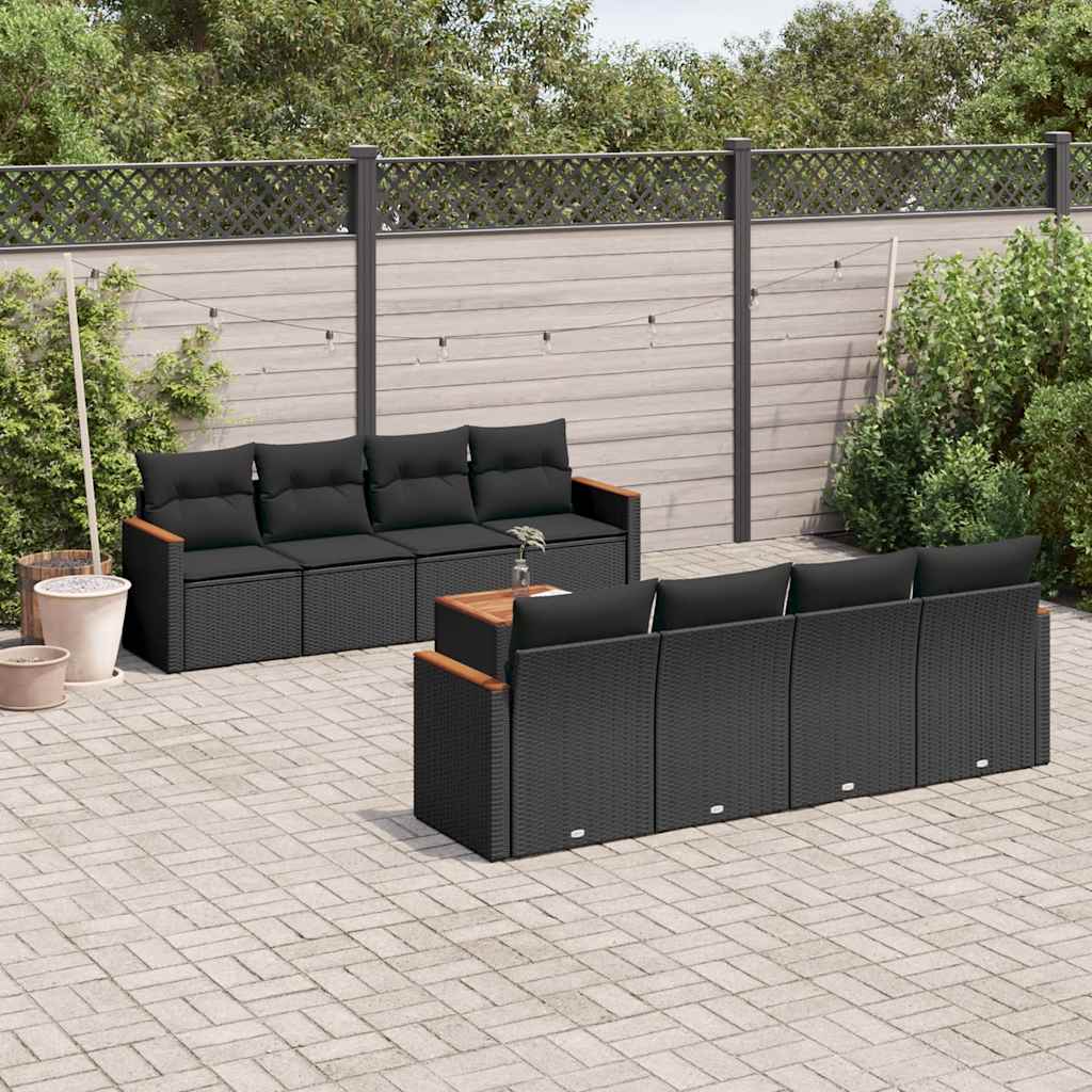 9-delige Loungeset met kussens poly rattan zwart – afbeelding 1