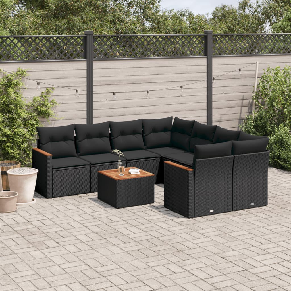 9-delige Loungeset met kussens poly rattan zwart – afbeelding 1