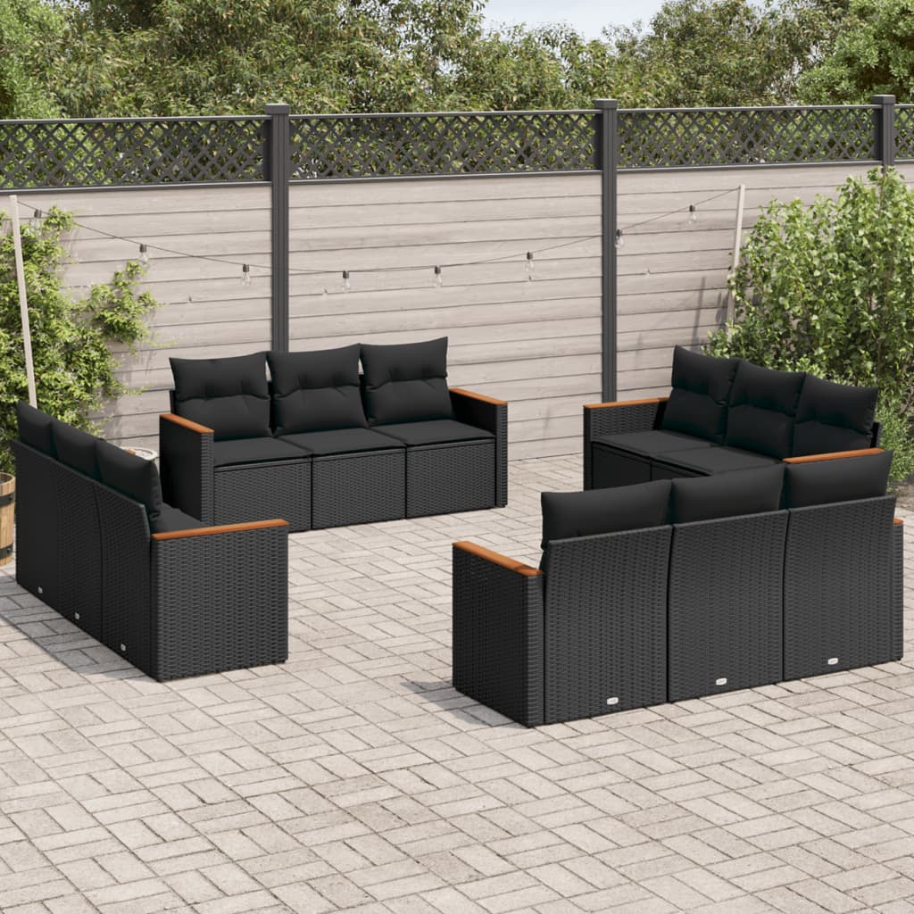 12-delige Loungeset met kussens poly rattan zwart – afbeelding 1