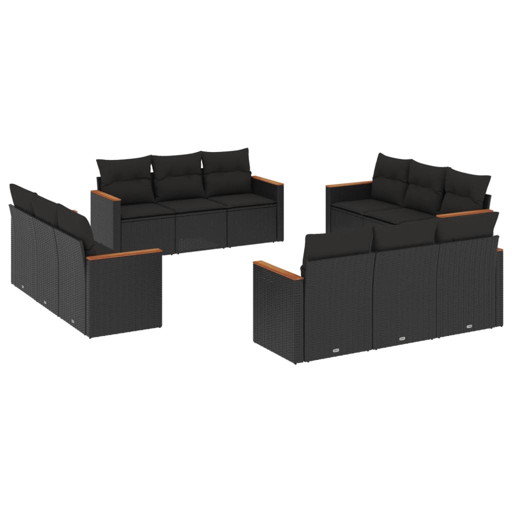 12-delige Loungeset met kussens poly rattan zwart – afbeelding 2