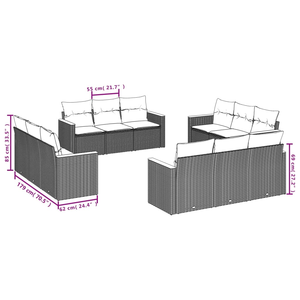 12-delige Loungeset met kussens poly rattan zwart – afbeelding 6