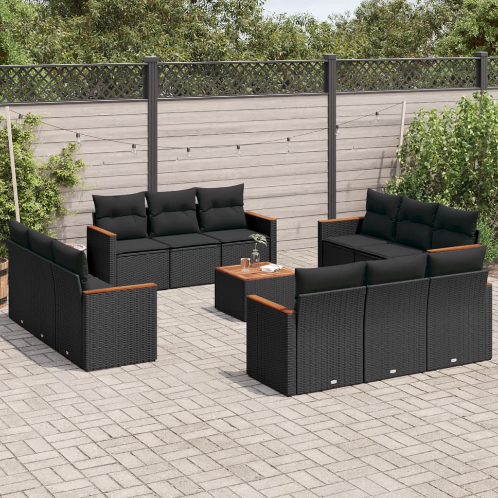 13-delige Loungeset met kussens poly rattan zwart – afbeelding 1