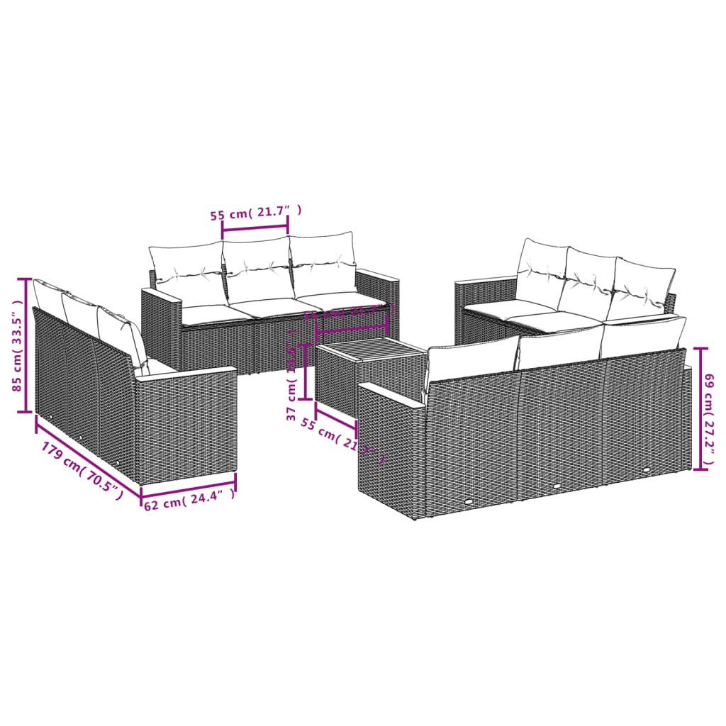 13-delige Loungeset met kussens poly rattan zwart – afbeelding 7