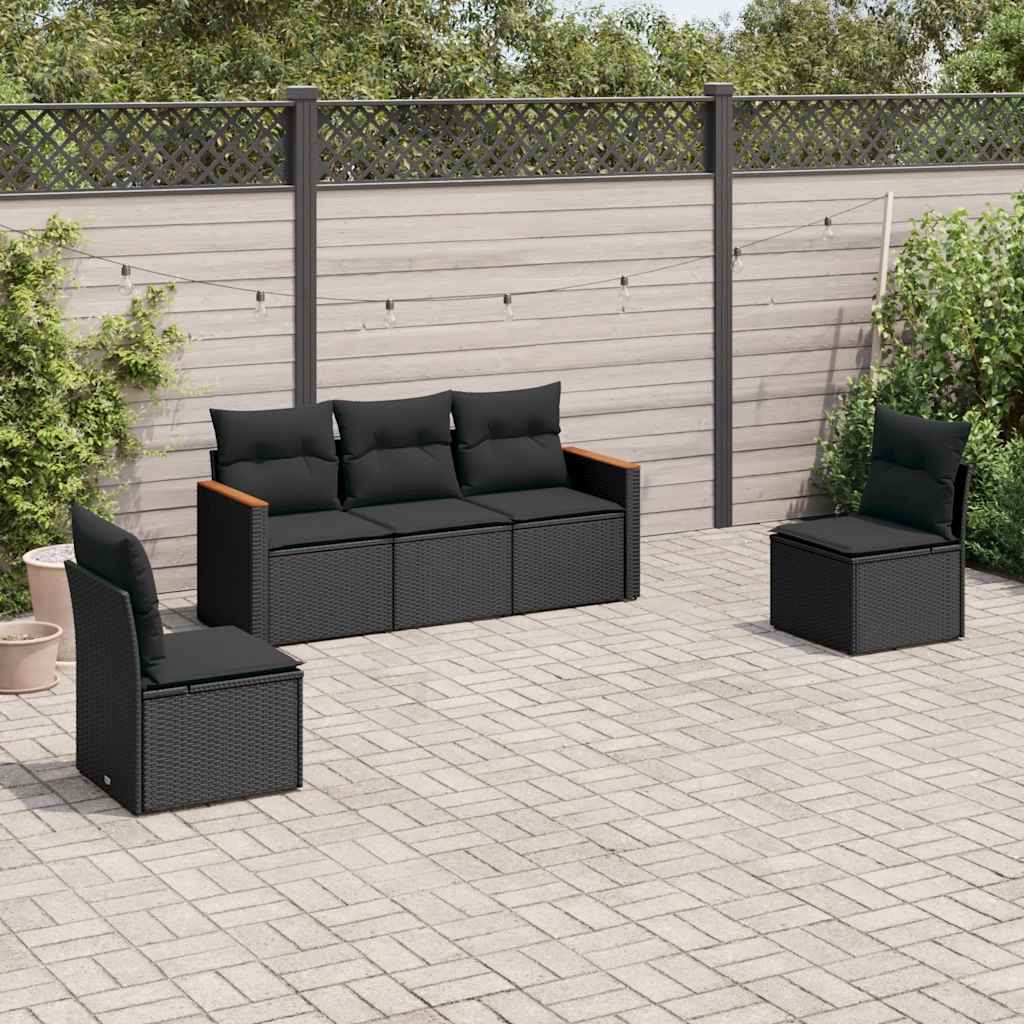 5-delige Loungeset met kussens poly rattan zwart – afbeelding 1