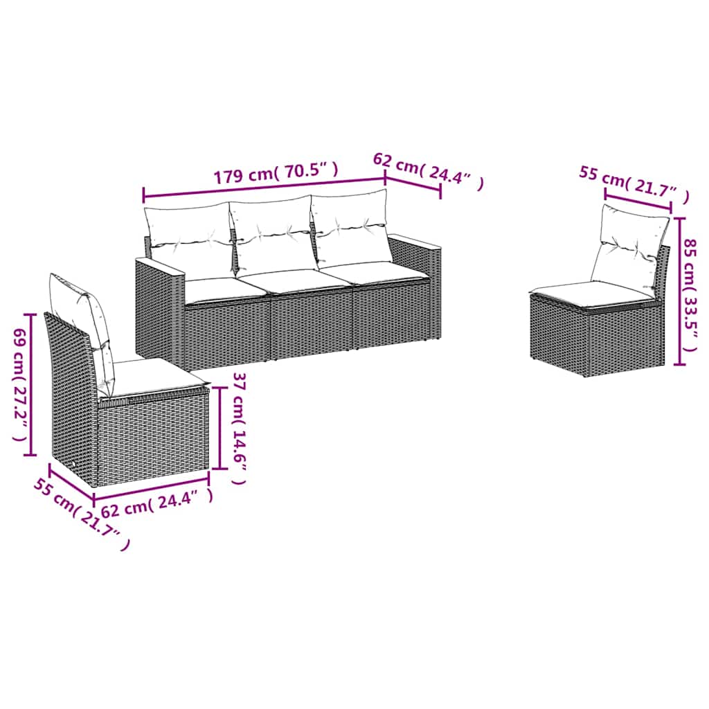 5-delige Loungeset met kussens poly rattan zwart – afbeelding 6
