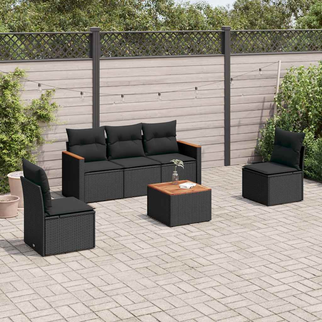 6-delige Loungeset met kussens poly rattan zwart – afbeelding 1