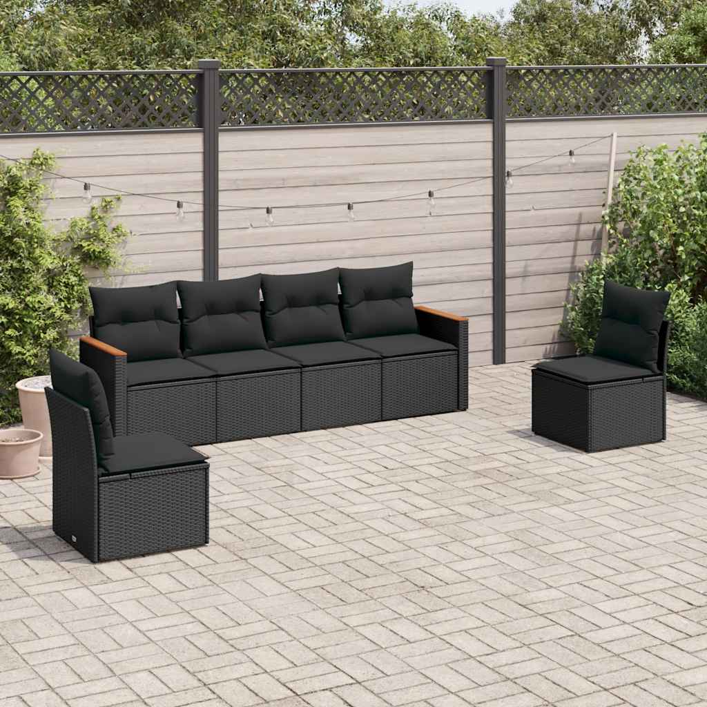6-delige Loungeset met kussens poly rattan zwart – afbeelding 1