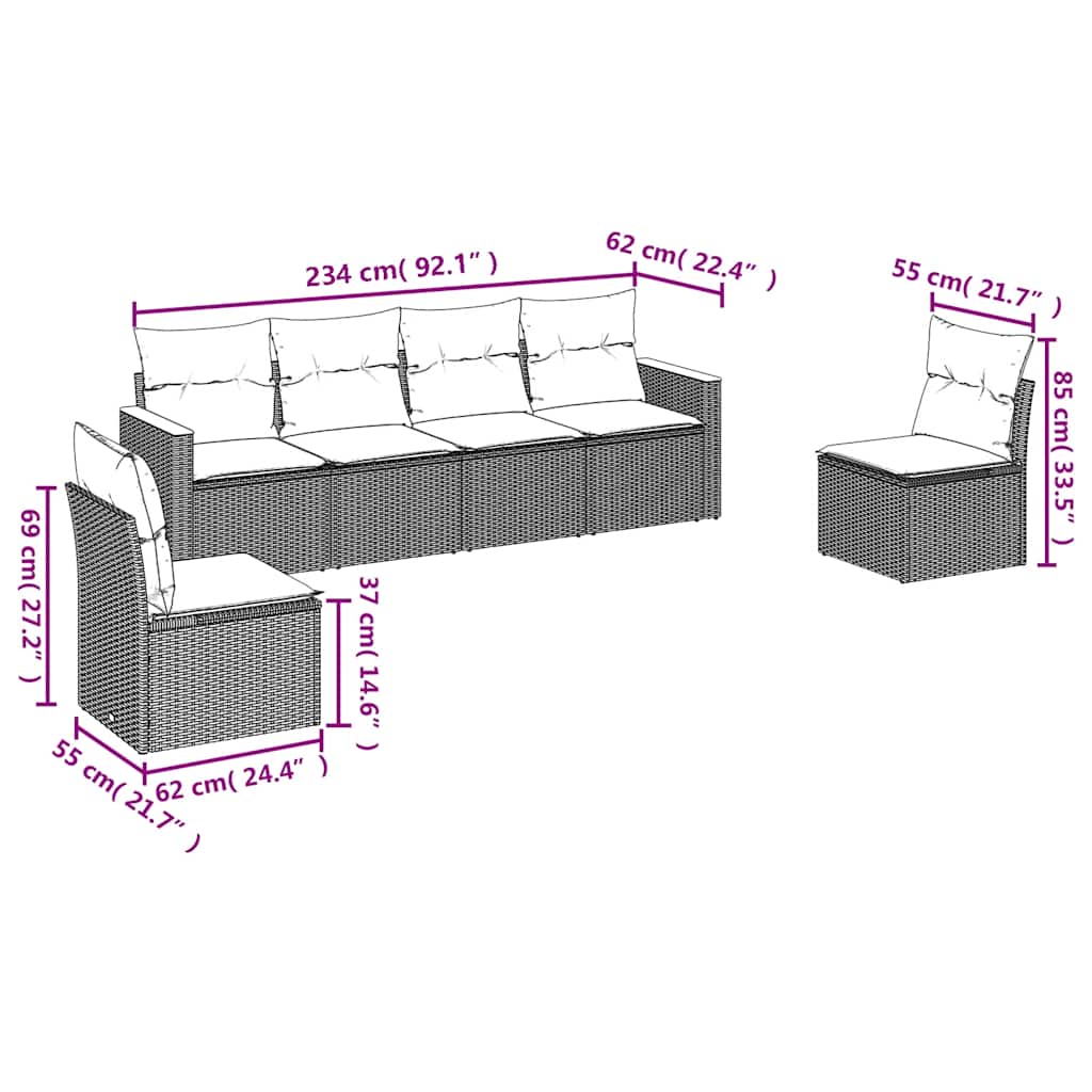 6-delige Loungeset met kussens poly rattan zwart – afbeelding 6