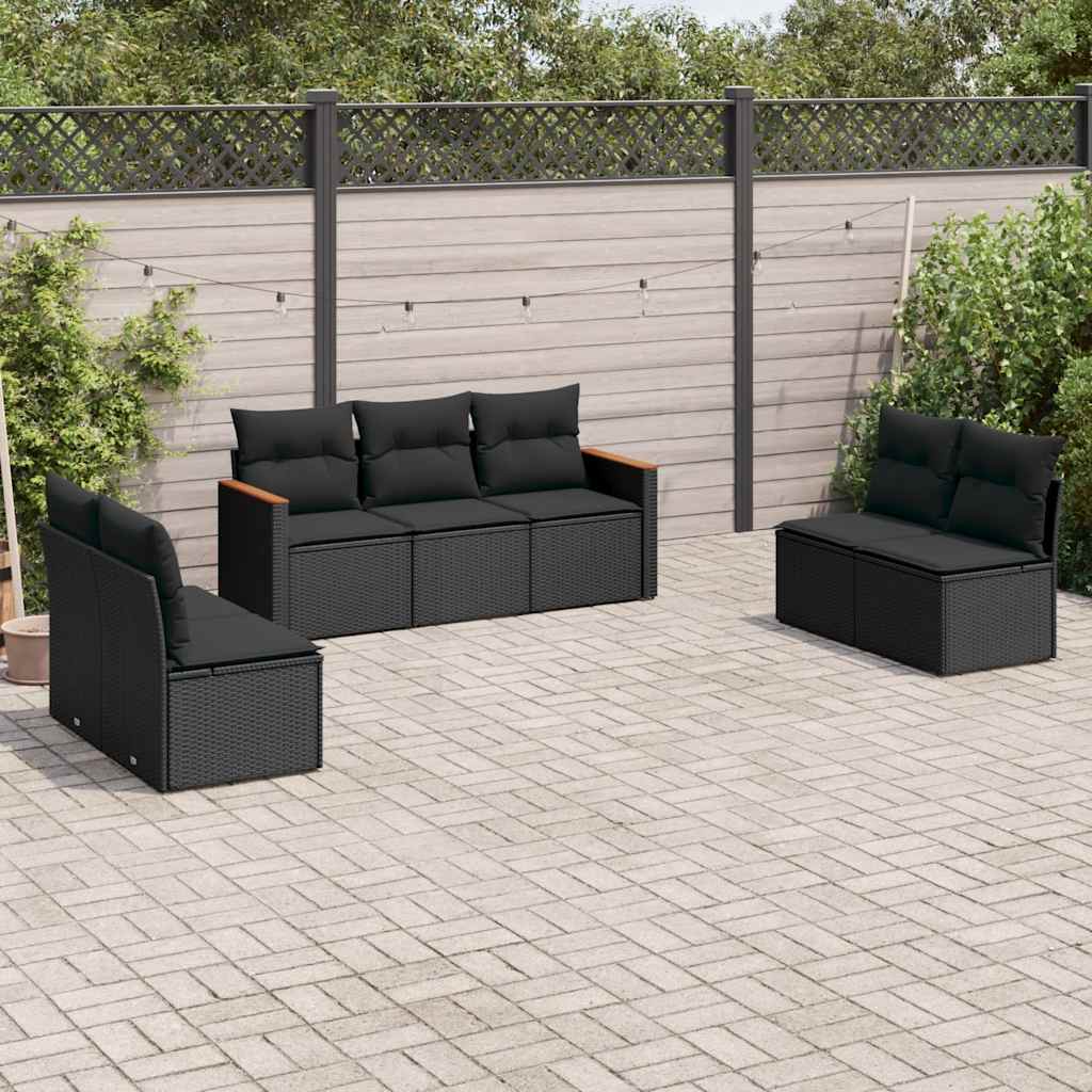 7-delige Loungeset met kussens poly rattan zwart – afbeelding 1