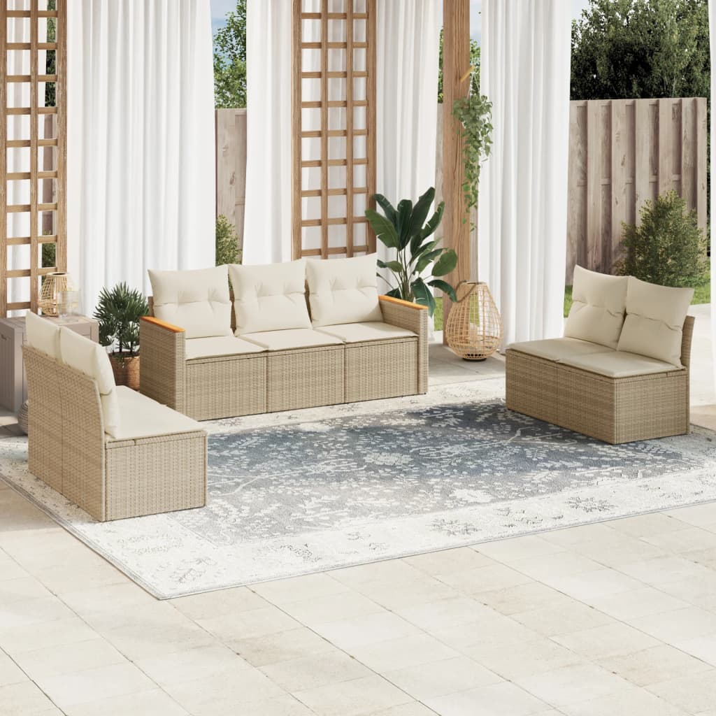 7-delige Loungeset met kussens poly rattan beige – afbeelding 1