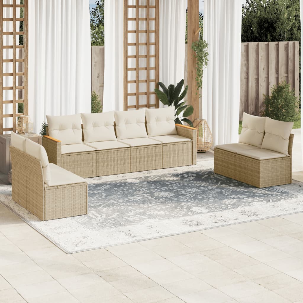 8-delige Loungeset met kussens poly rattan beige – afbeelding 1