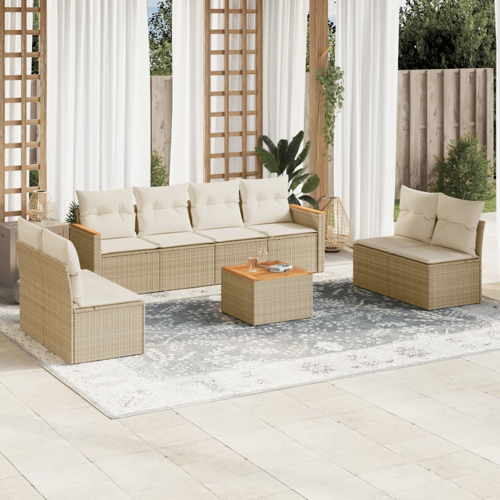 9-delige Loungeset met kussens poly rattan beige – afbeelding 1