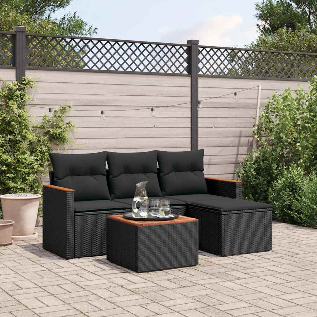 5-delige Loungeset met kussens poly rattan zwart – afbeelding 1