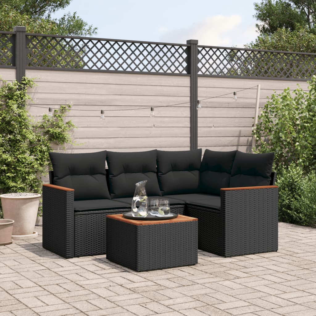 5-delige Loungeset met kussens poly rattan zwart – afbeelding 1