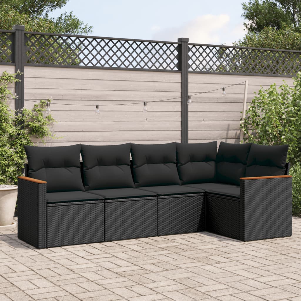 5-delige Loungeset met kussens poly rattan zwart – afbeelding 1