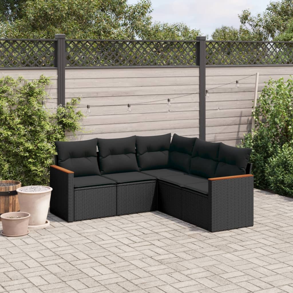 5-delige Loungeset met kussens poly rattan zwart – afbeelding 1