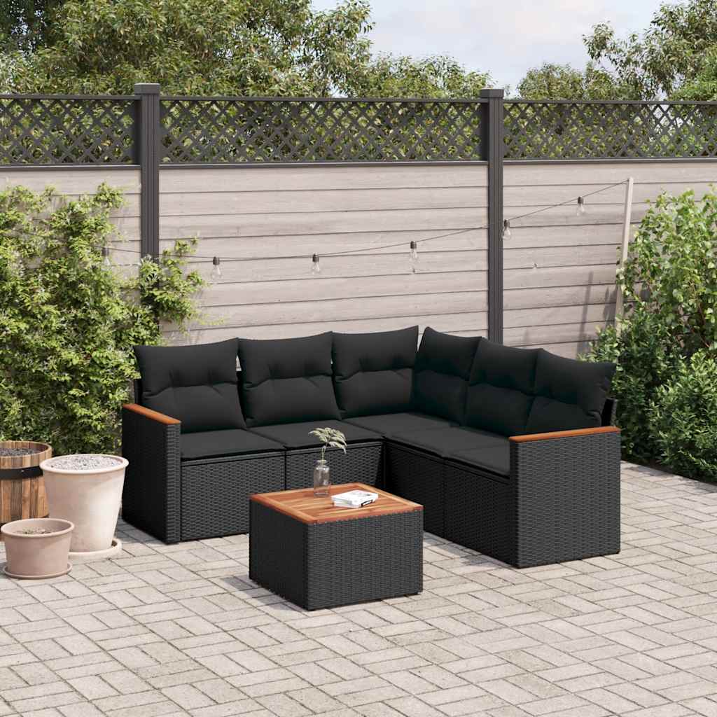 6-delige Loungeset met kussens poly rattan zwart – afbeelding 1