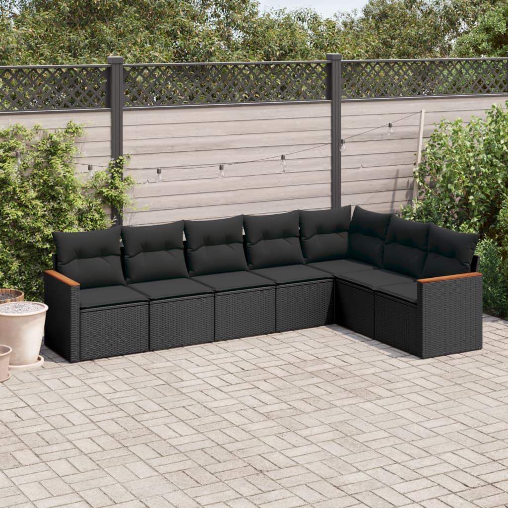 7-delige Loungeset met kussens poly rattan zwart – afbeelding 1