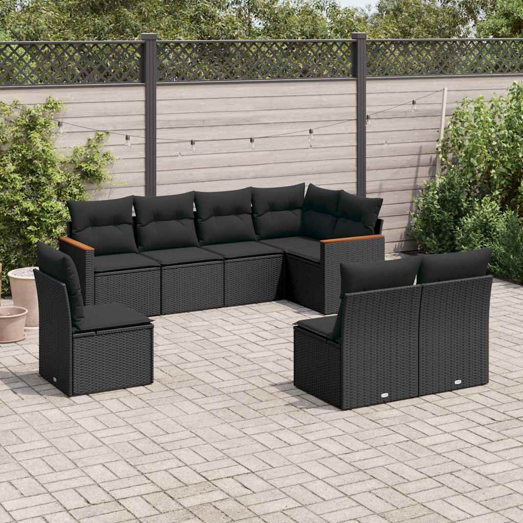 8-delige Loungeset met kussens poly rattan zwart – afbeelding 1