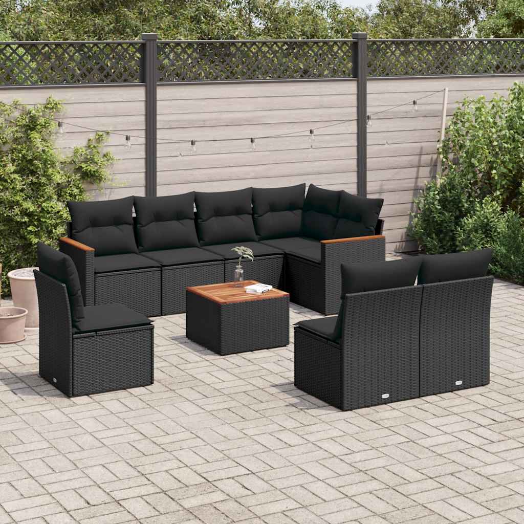 9-delige Loungeset met kussens poly rattan zwart – afbeelding 1